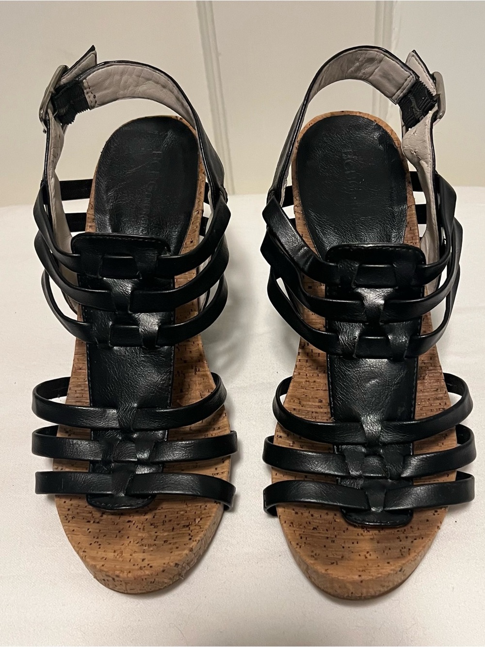 Women's BCBGeneration Bekka style black strappy cork wedge sandals size 8 medium